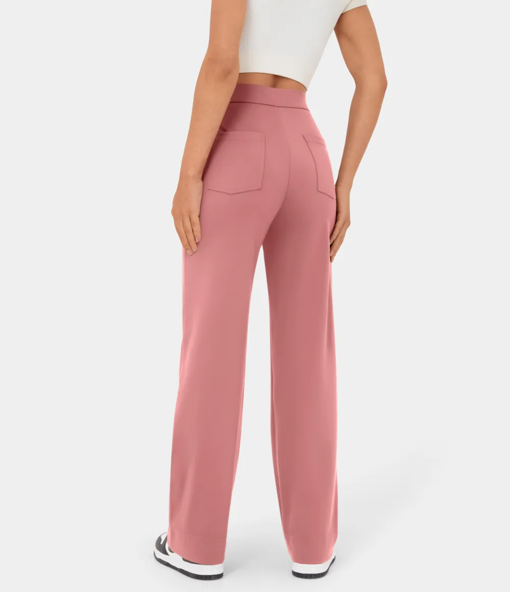 High Waisted Button Multiple Pockets Straight Leg Casual Pants