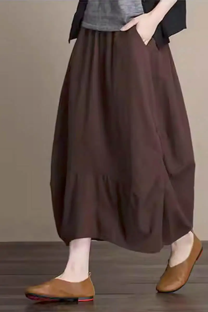 Classic Linen Cotton Elastic Waist Midi Skirt