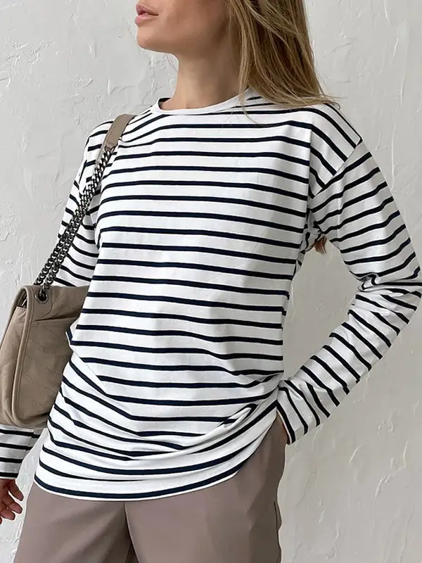 Long Sleeve Relaxed Stripe Round Neck T-Shirt