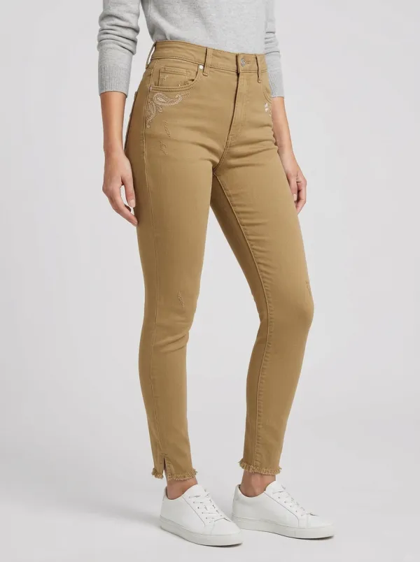 Women's Paisley Embroidery Distressed Hem Printed Slim Jeans
