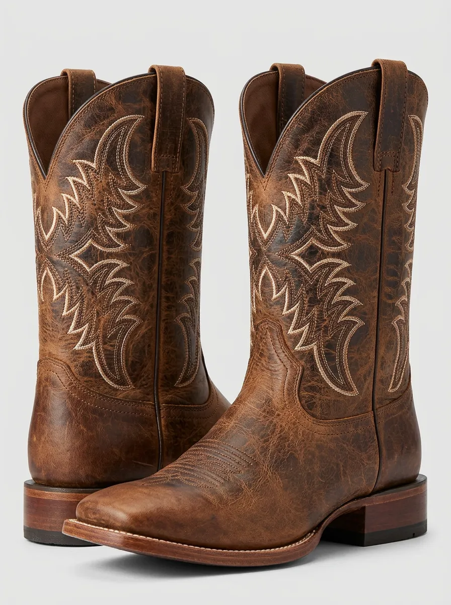 Unisex Open-Range Embroidered Distressed Leather-Look Western Cowboy Boots