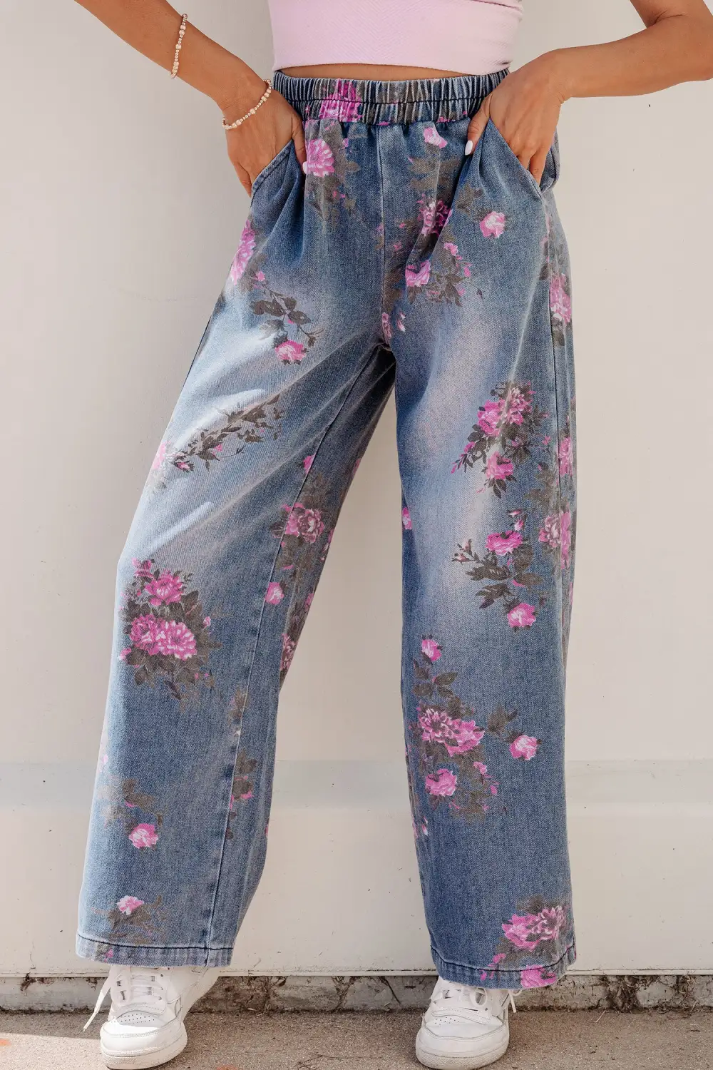 Women's Floral Print Elastic Waist Pull On Casual Jeans