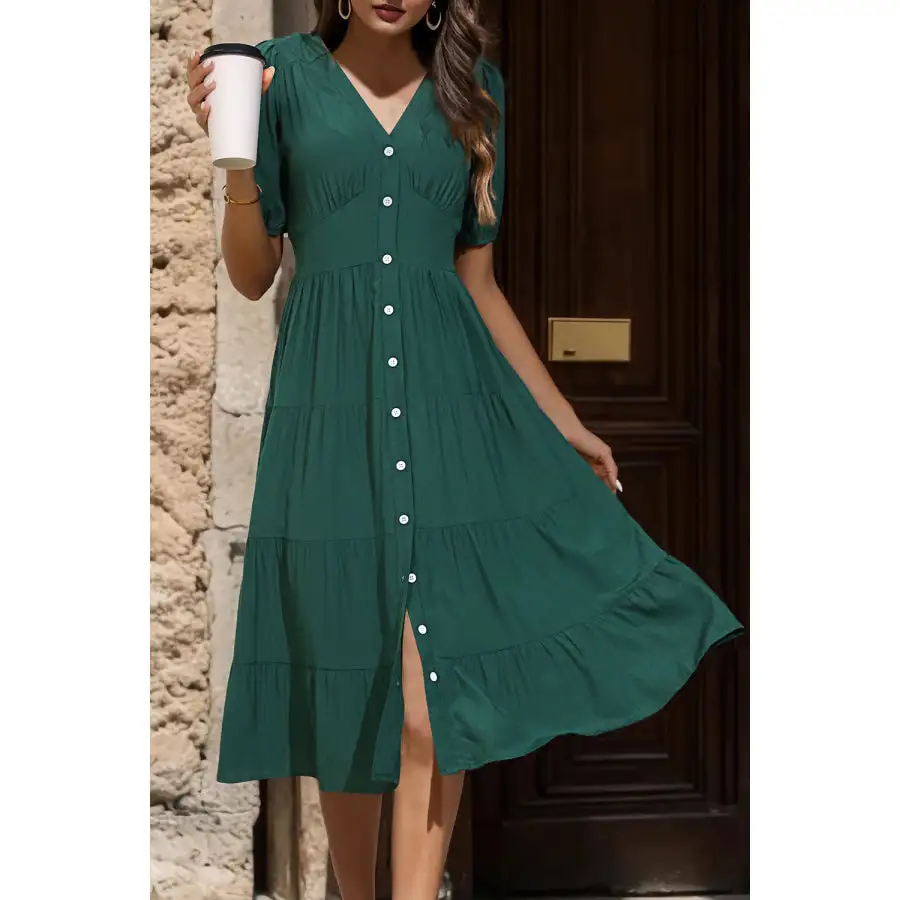 V-Neck Button Up Balloon Sleeve Midi Dress