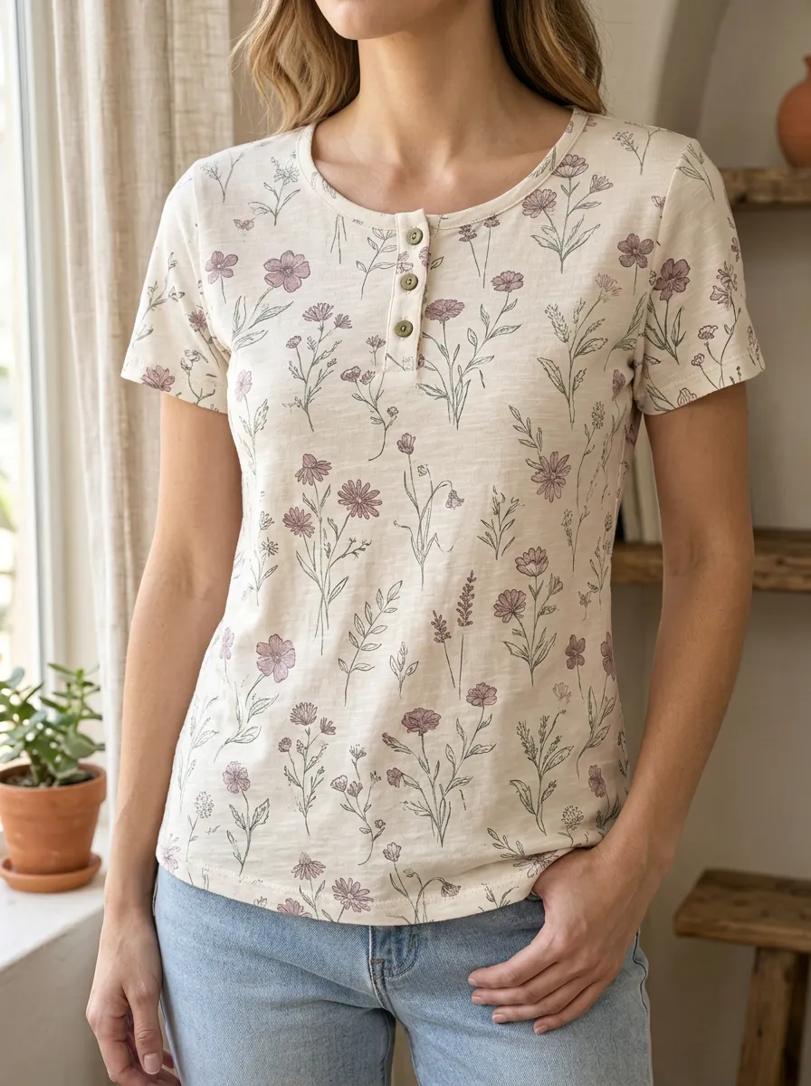 Women's Classic Botanical Wildflower Henley T-Shirt