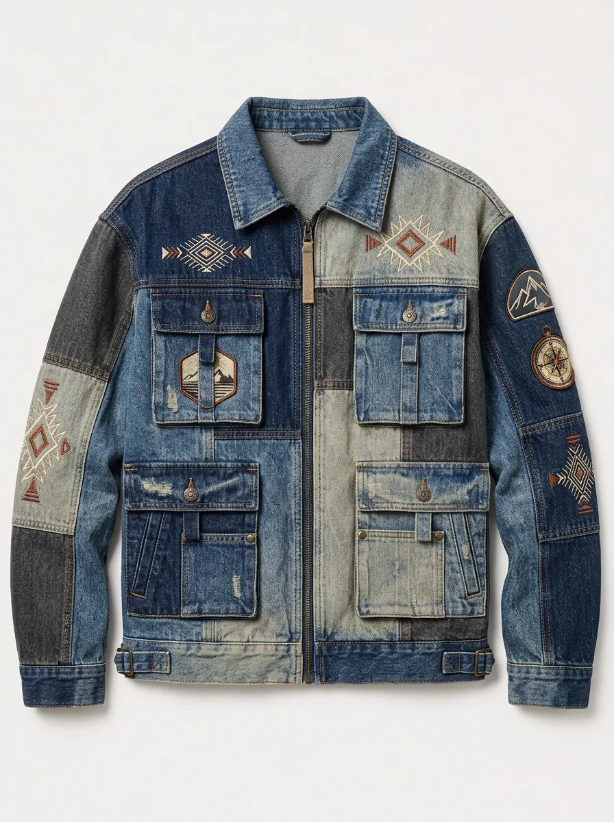 Men's Outdoor Adventure Tribal Patchwork Printed Denim Jacket