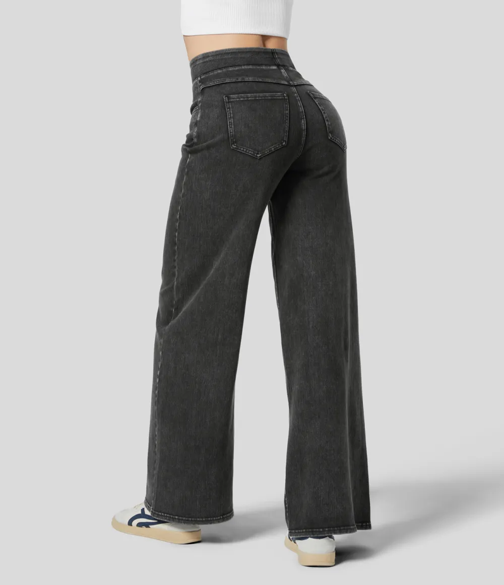 Magic High Waisted Multiple Pockets Wide Leg Stretchy Knit Casual Thermal Jeans