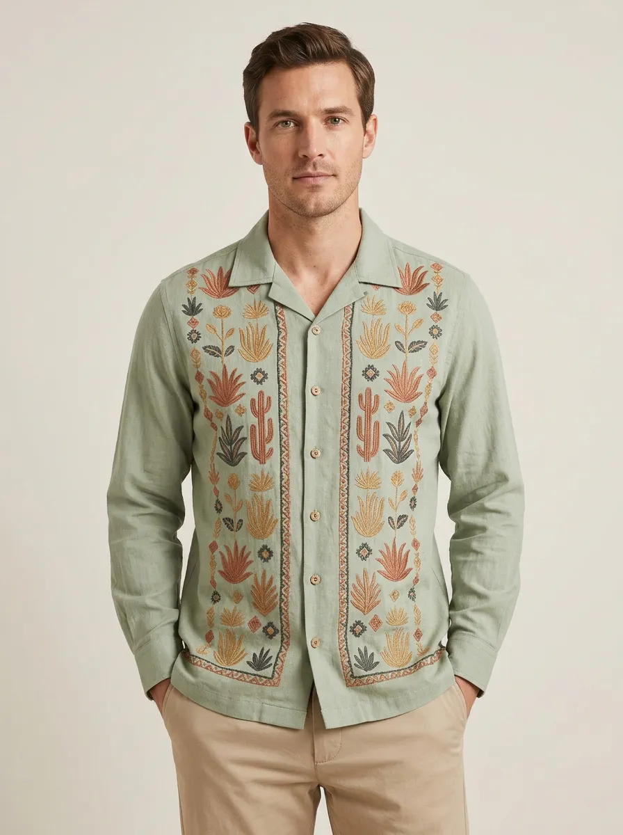 Men's Modern Floral Boho Embroidered Shirt