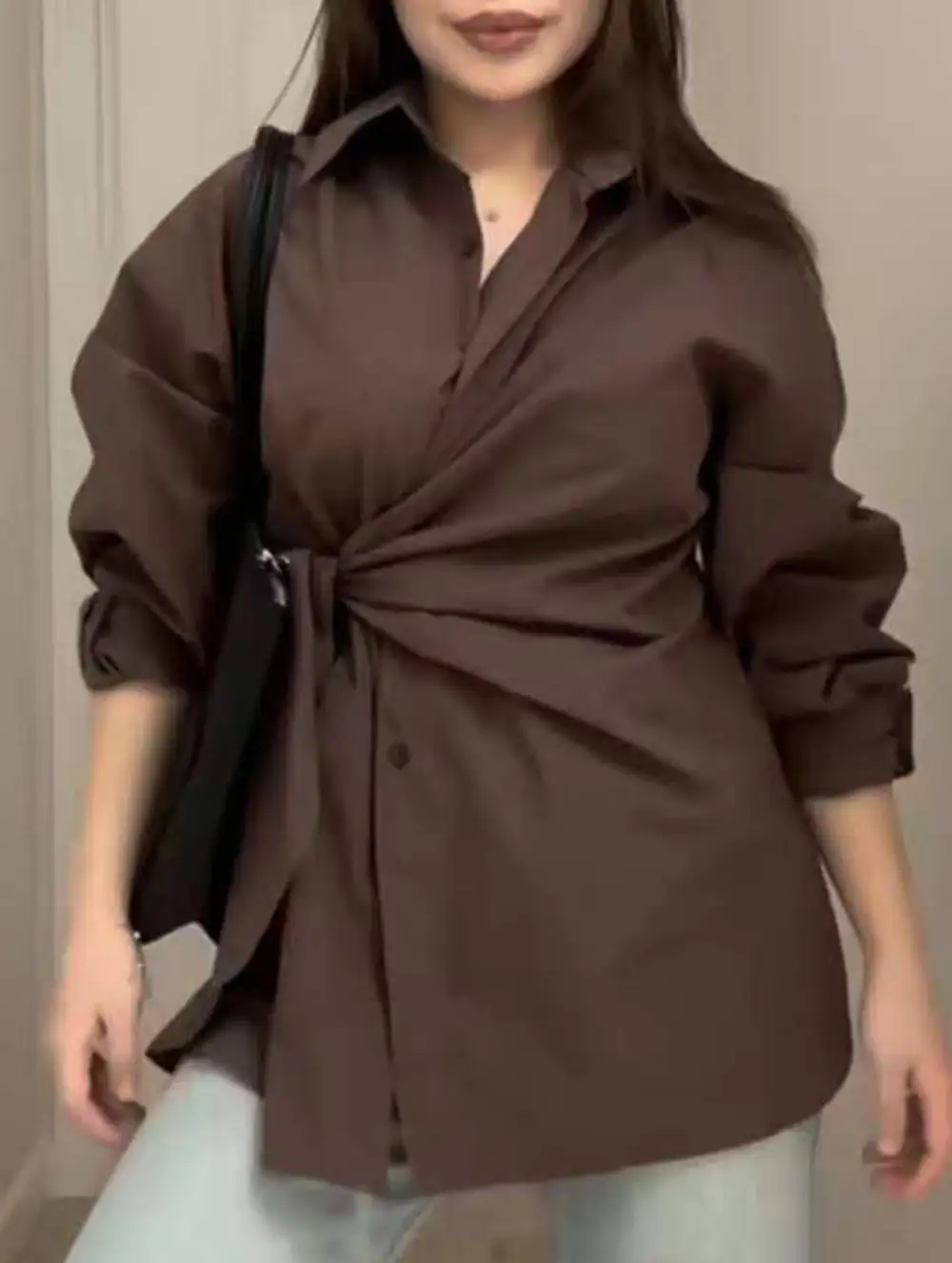 Lapel Button Tie Waist Slim Shirt