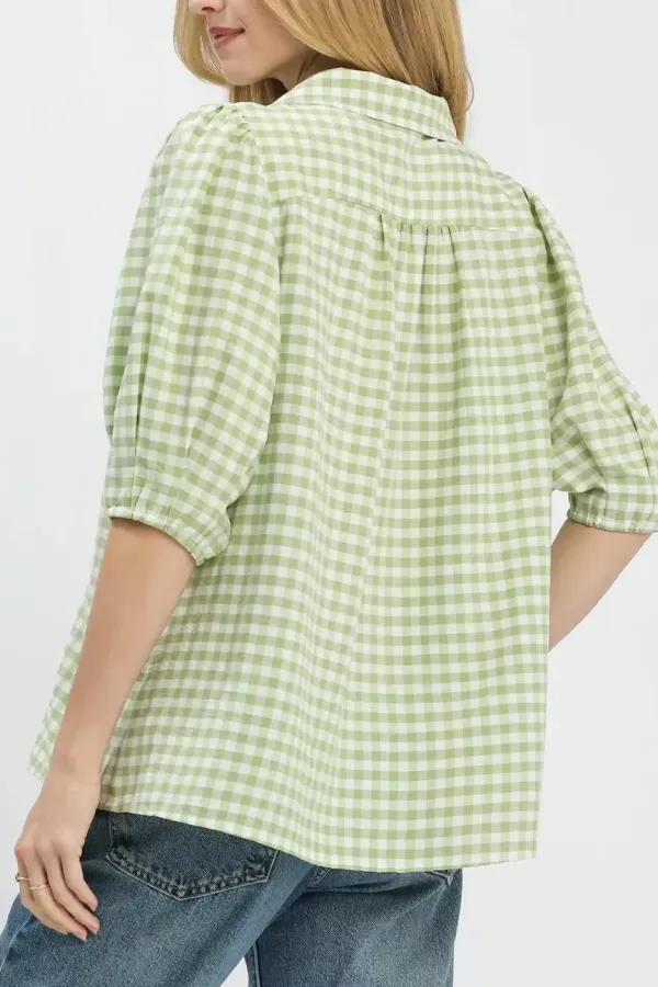 Gingham Puff Sleeve Collared Blouse
