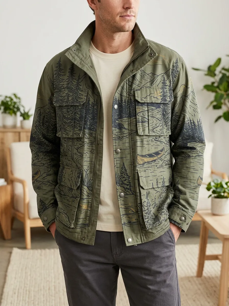 Men's Outdoor Nature Lover Canoe Forest Printed Jacket