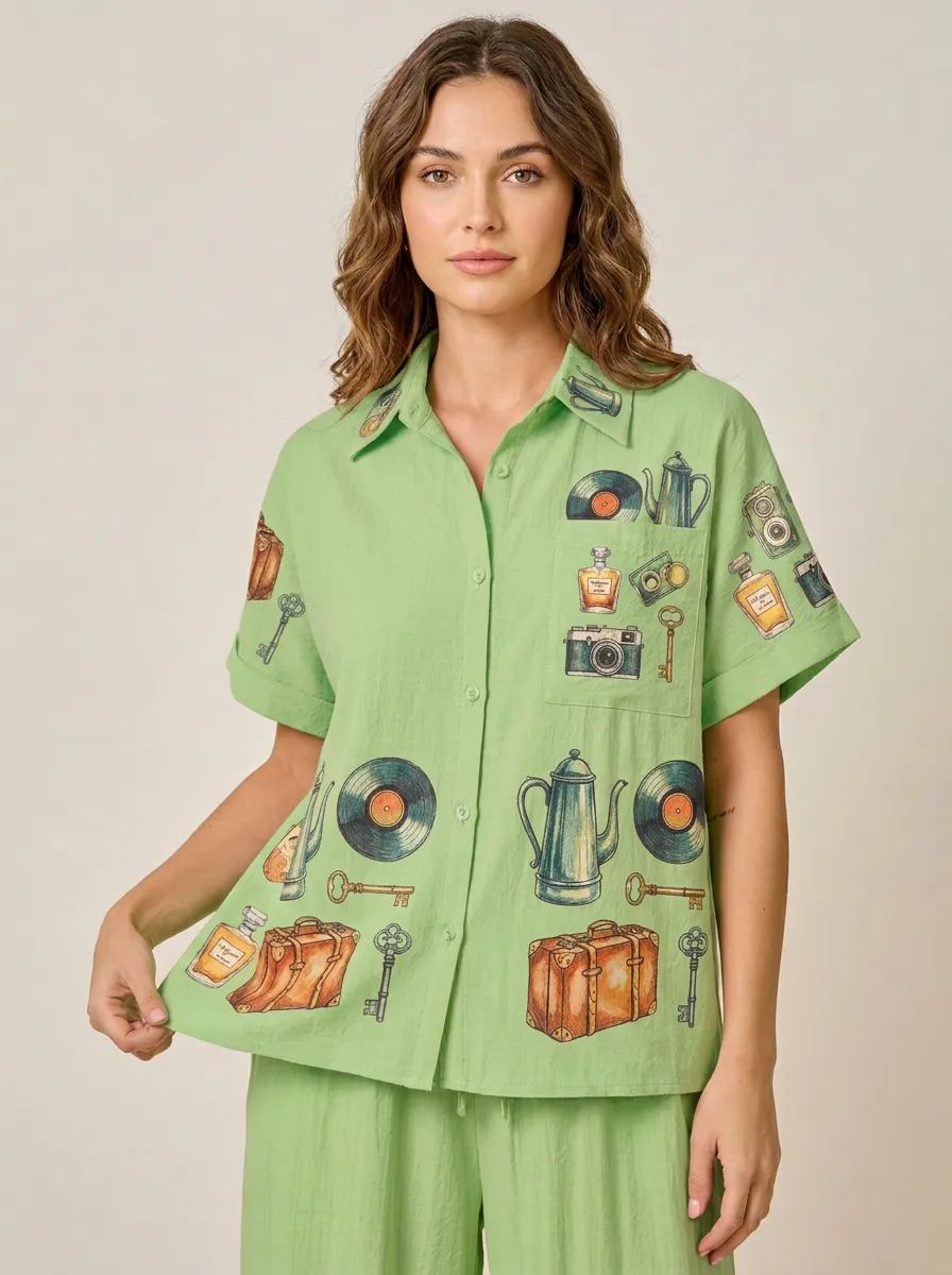 Women's Vintage Travel Inspired Camera Vinyl Printed Shirt