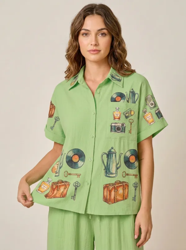 Women's Vintage Travel Inspired Camera Vinyl Printed Shirt