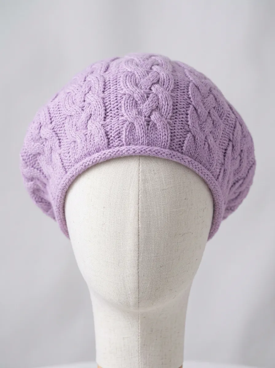 Unisex Lavender Cable Knit Patterned Beret
