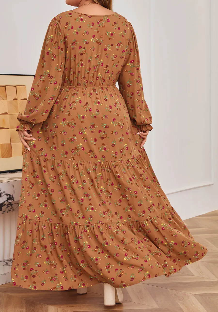 Plus Fit Floral Split V Neck Ruffled Sleeve Tiered Maxi Dress