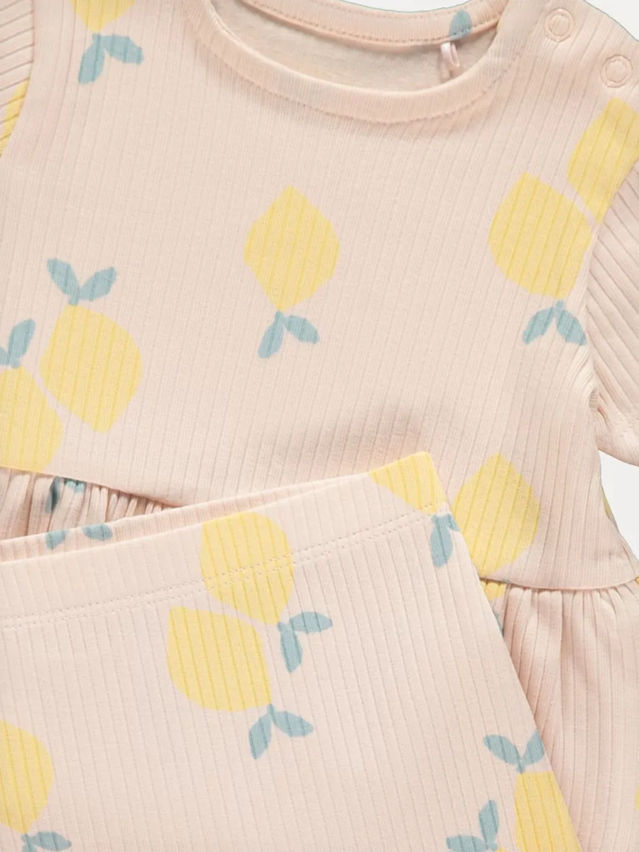Pink Lemon Print Ribbed Top and Leggings Set