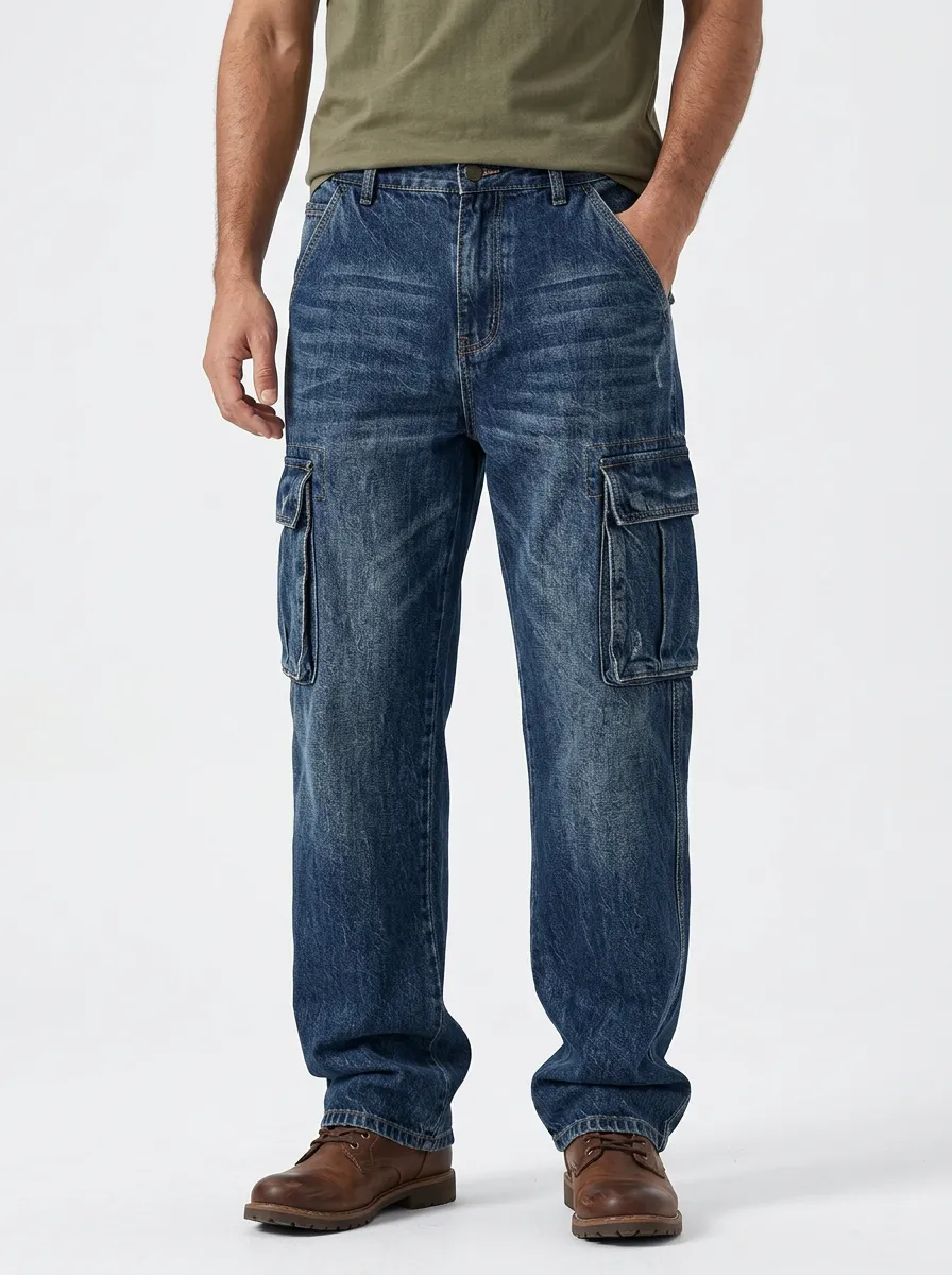 Men's Outdoor Distressed Denim Cargo Jeans