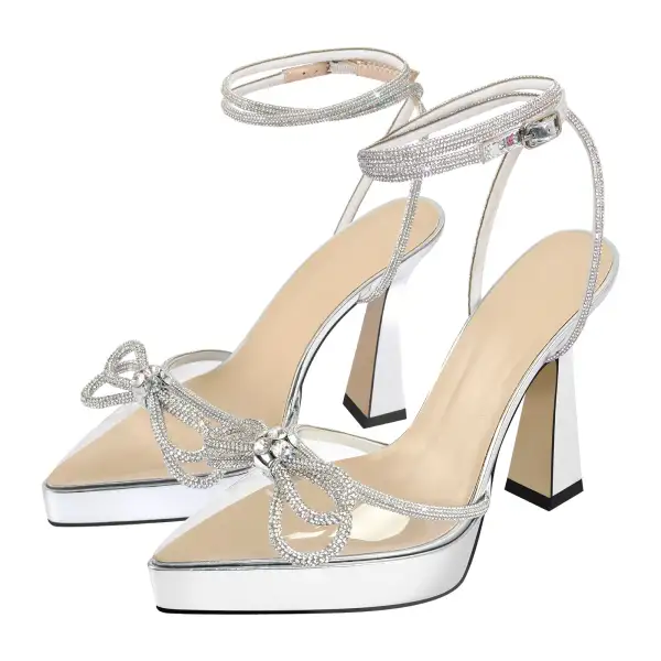 Rhinestone Pointed Toe Low Platform Chunky Heel Pumps