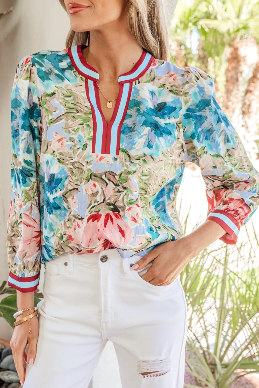 Sky Blue Contrast Trim V Neck Blouse
