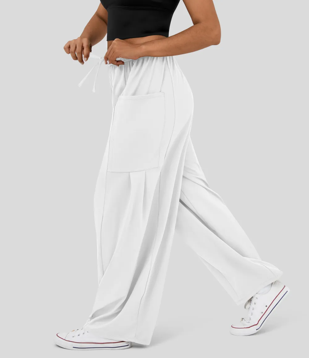 Mid Rise Elastic Waistband Drawstring Side Pocket Palazzo Flowy Wide Leg Casual Pants
