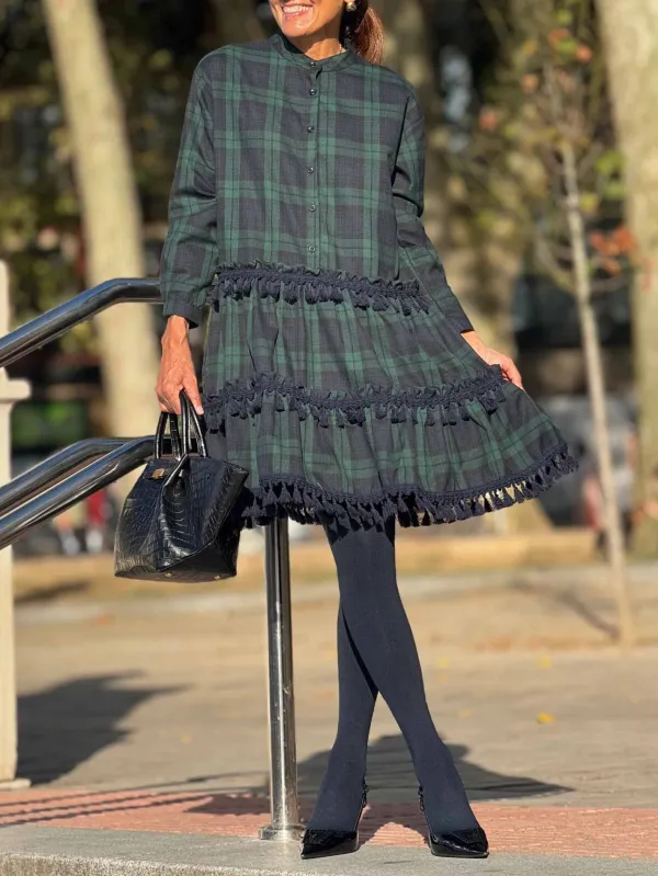 Casual Plaid Print Small Fringe Mini Dress