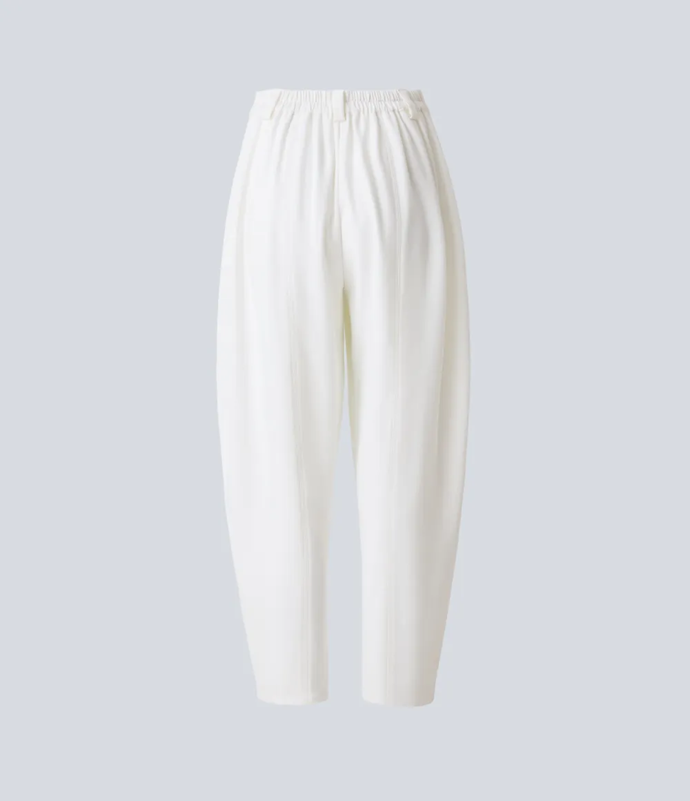 Mid Rise Plicated Side Pocket Barrel Leg Work Pants