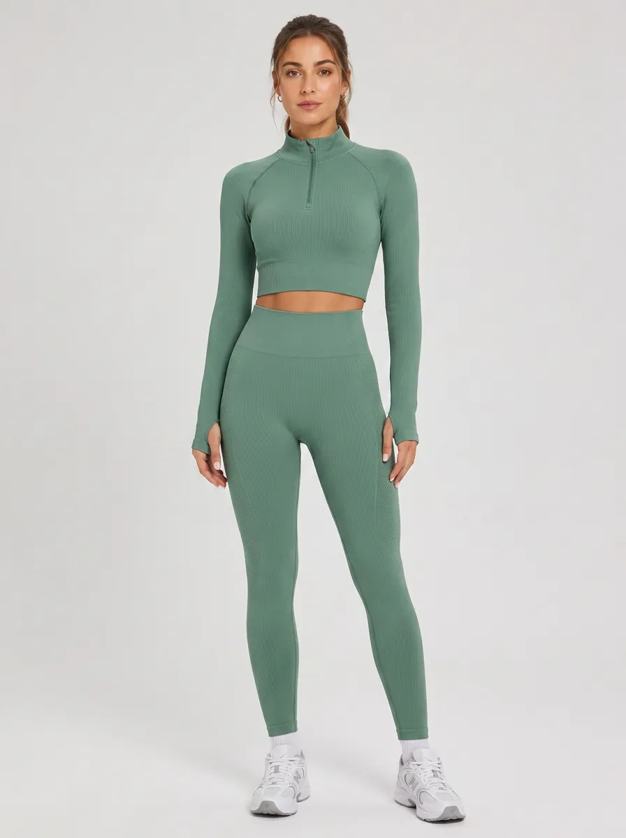 Women's Sage Green Ribbed Quarter-Zip Crop Top and Leggings Set - Zip-Up