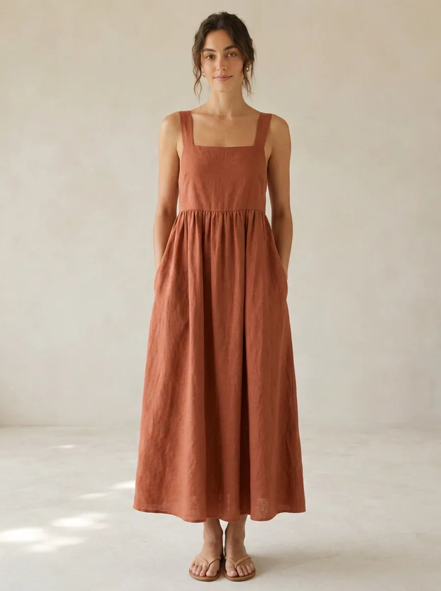 Women's Casual Bow-Back Linen Midi Backless Dress
