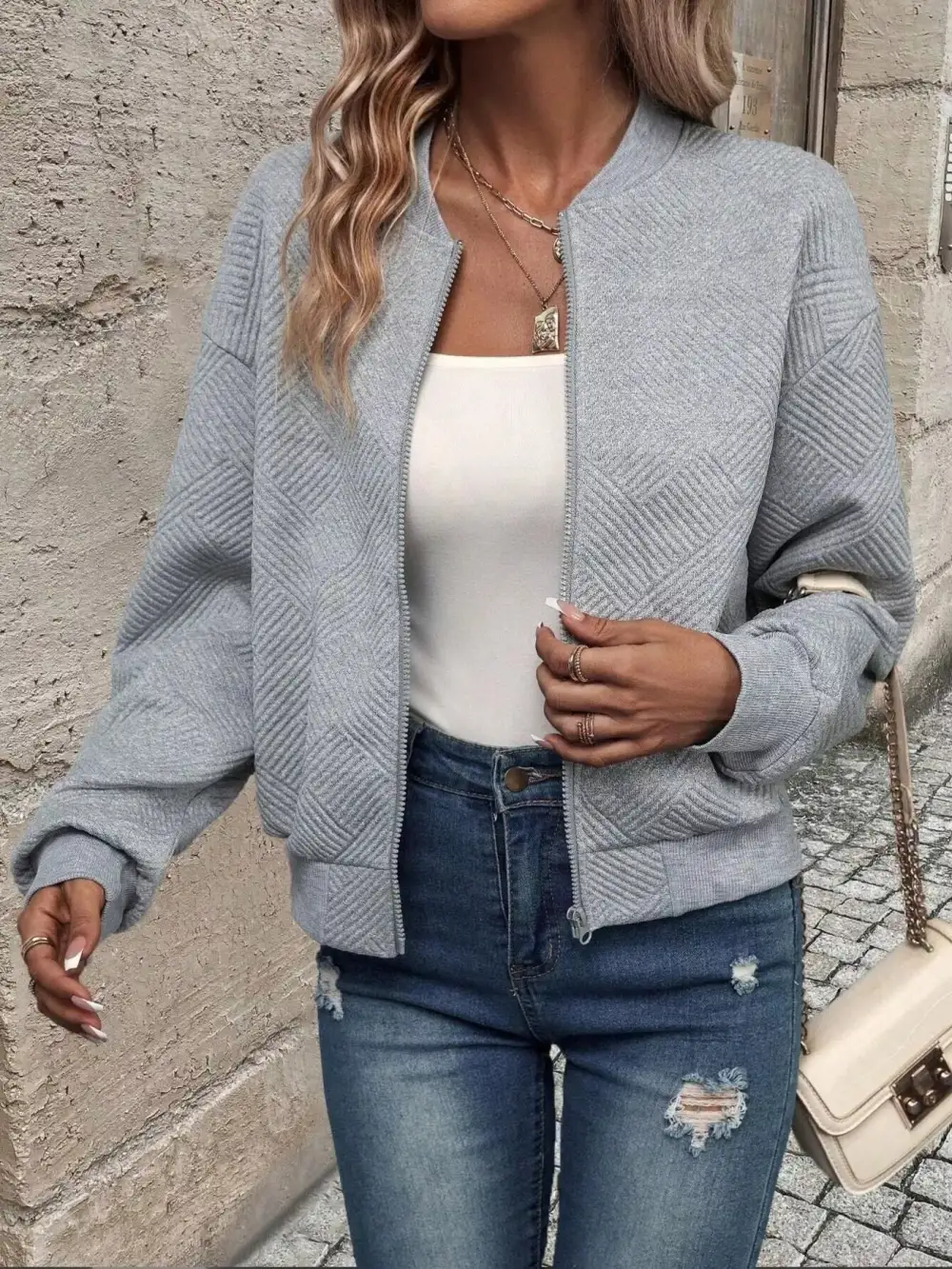 Texture Zip-up Bomber Jacket