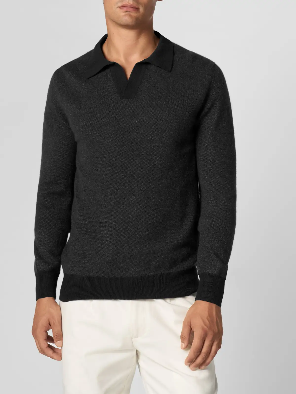 Pure Cashmere Buttonless Jacquard Knit Knit Construction Detail Polo Shirt