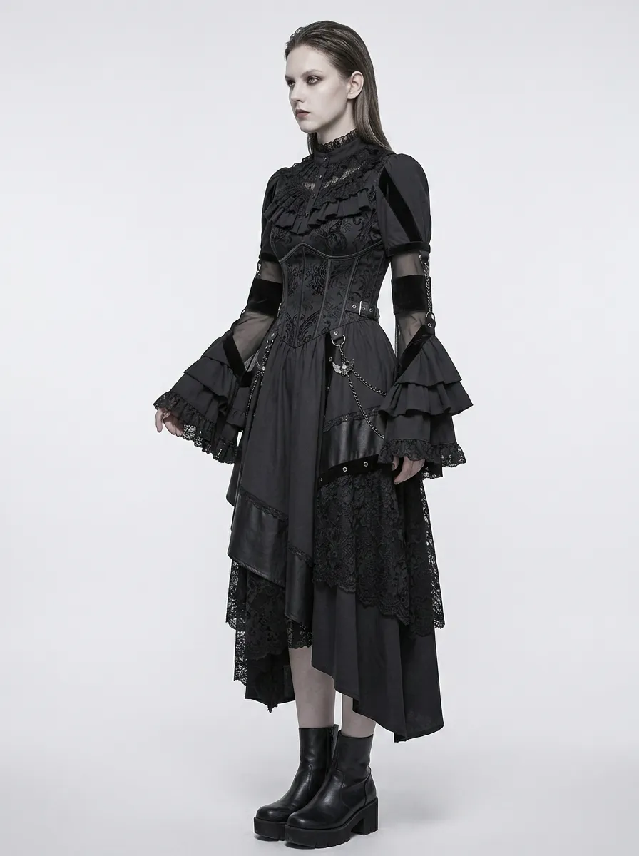 Women's Gothic Victorian Lace Ruffle Chain Embellished Top