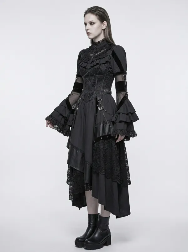 Women's Gothic Victorian Lace Ruffle Chain Embellished Top