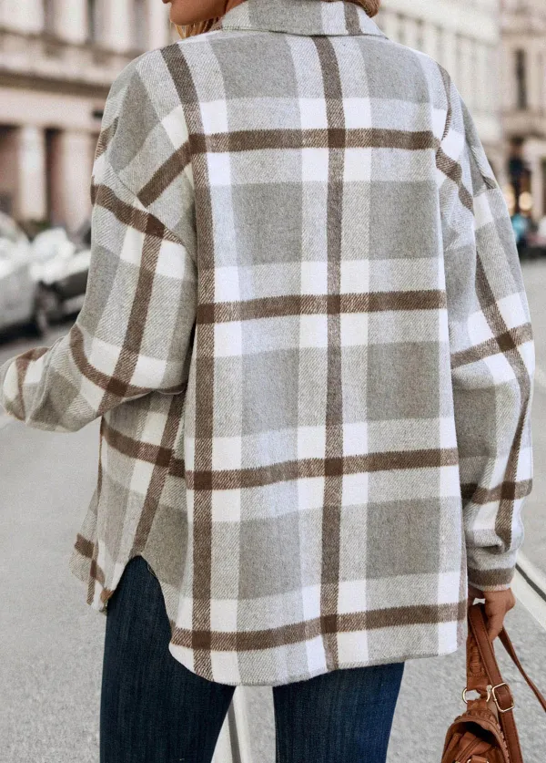 Light Grey Pocket Plaid Long Sleeve Shirt Collar Coat