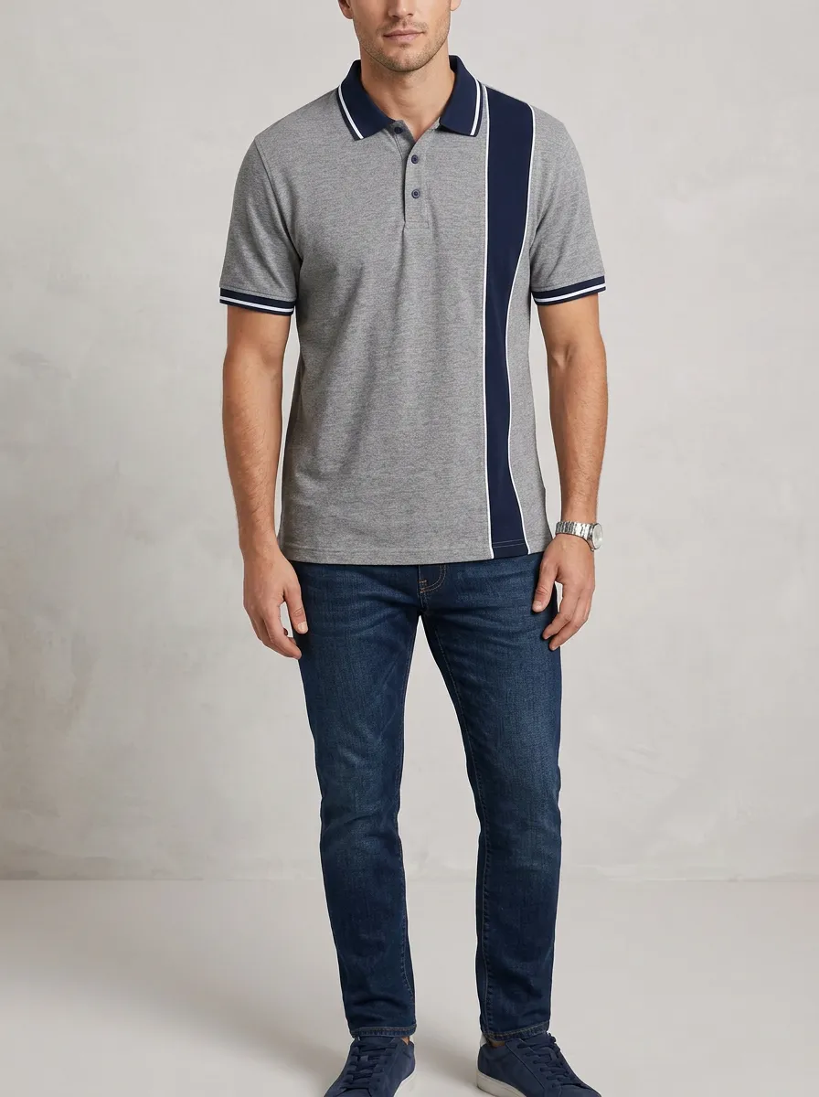 Men's Heather Grey Navy Side Panel Tipped Polo Shirt