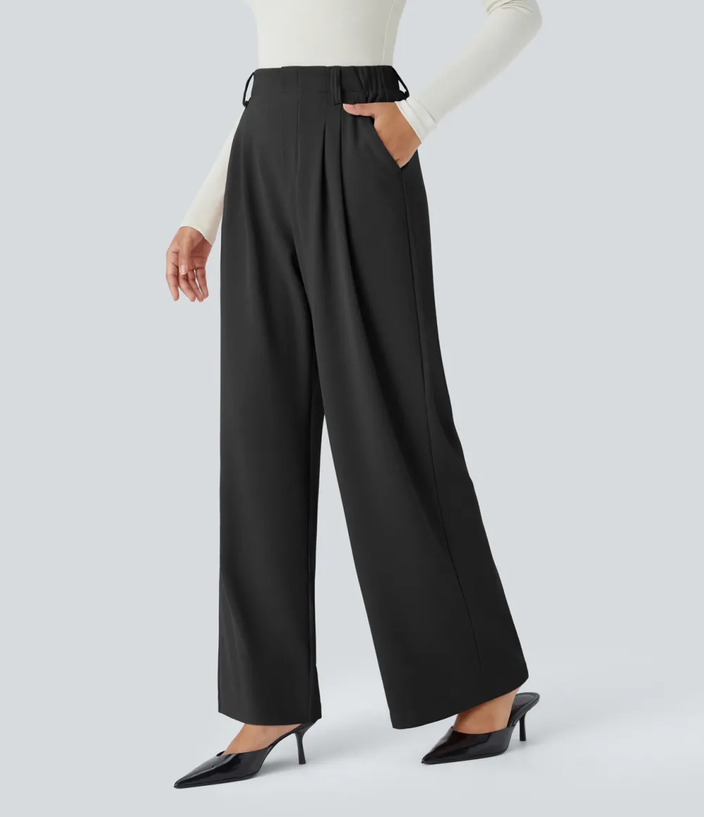  High Waisted Plicated Side Pocket Wide Leg Waffle Work Pants