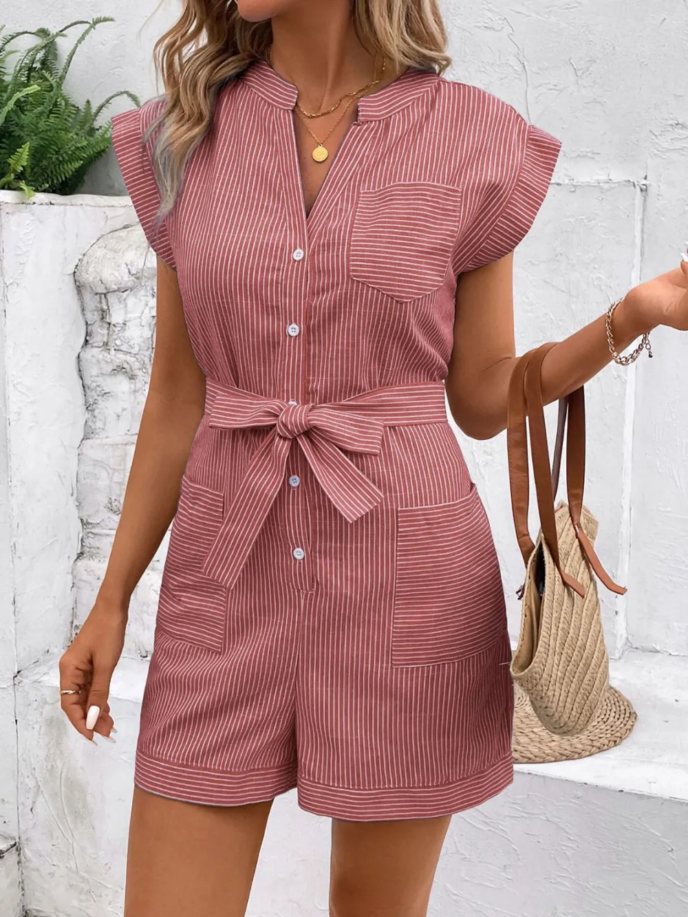 Notched Tie Waist Romper