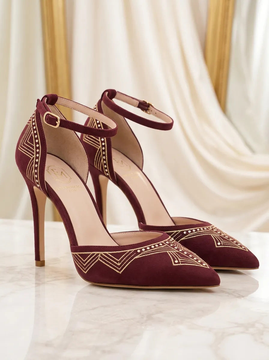 Embroidered Buckle-Strap Geometric Ankle-Strap Women's Formal High Heels