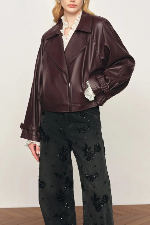 Cropped Biker Leather Look Jacket