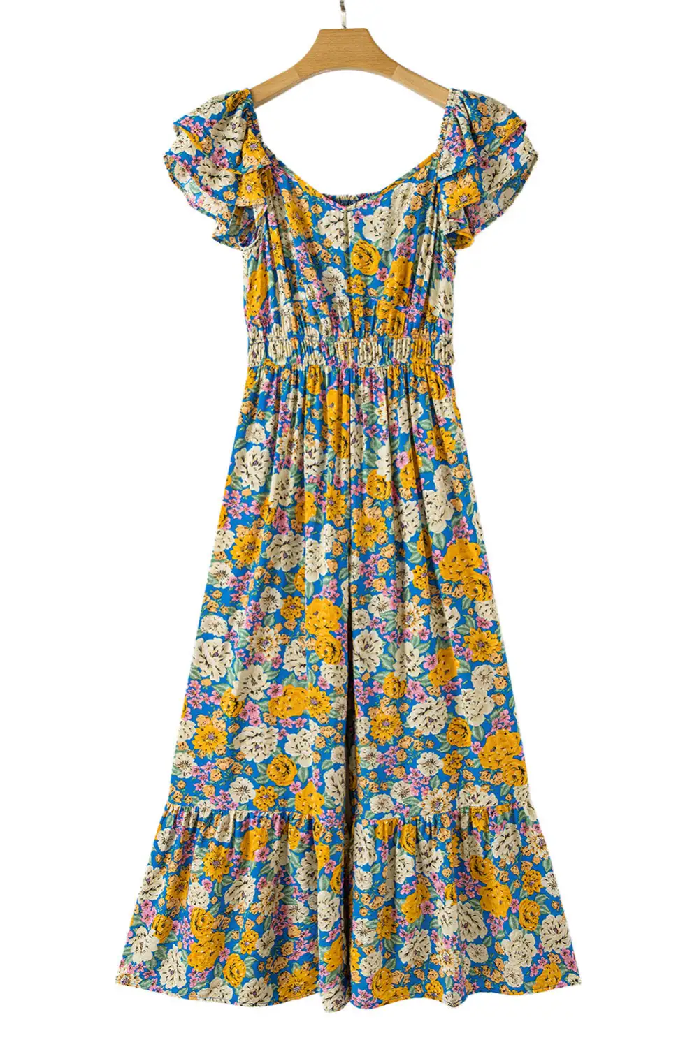 Floral Allover Print Shirred Panel Detail Jumpsuit
