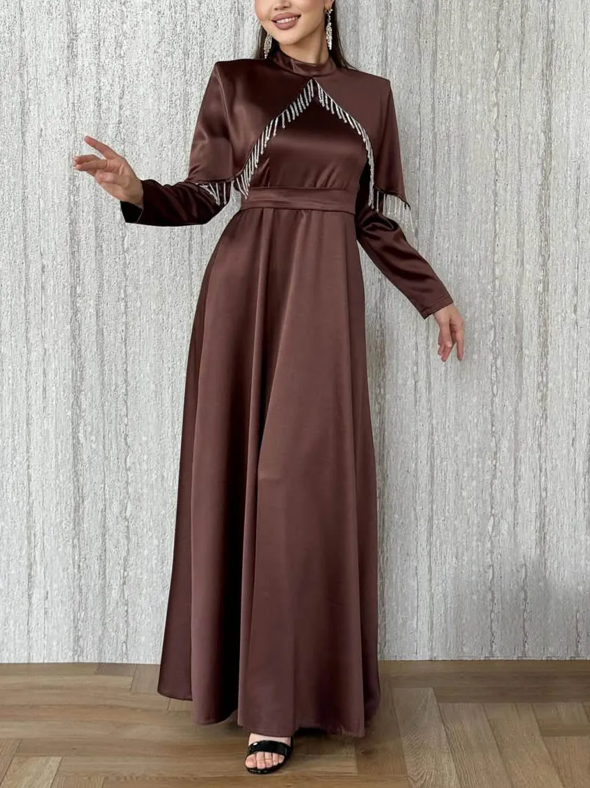 Satin Cape Detail Sleeve Maxi Dress