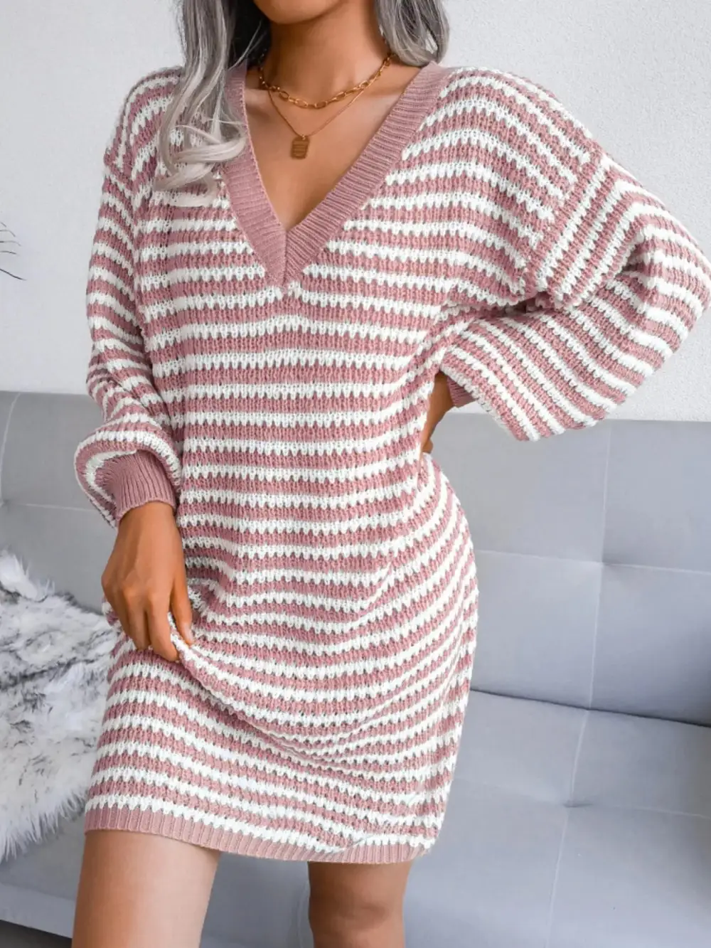 Striped V Neck Long Sleeve Sweater Dress