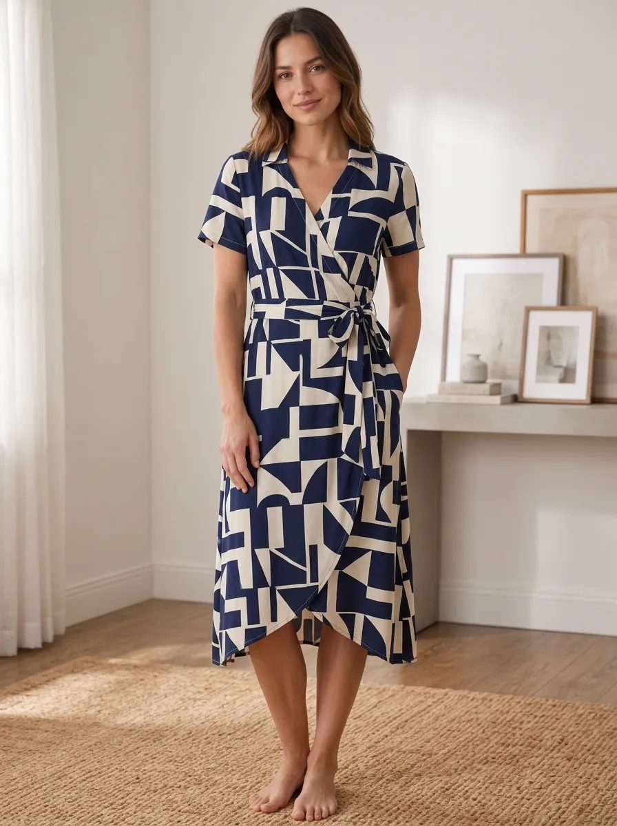 Women's Geometric Pattern Navy Printed Wrap Dress