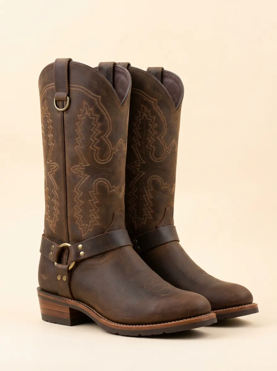 Men's Rodeo Western Brown Leather Embroidered Harness Boots