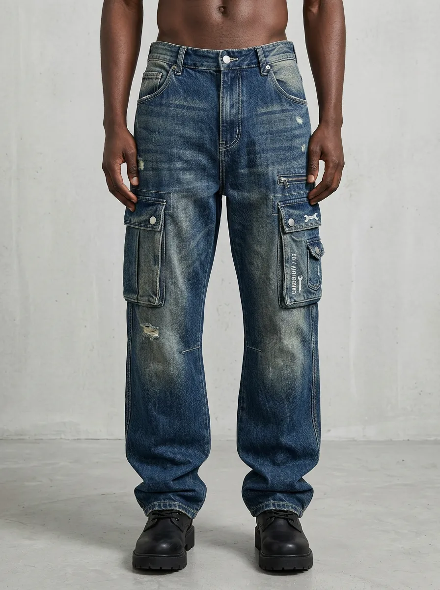 Men's Mechanic Style Wrench Graphic Distressed Denim Cargo Jeans