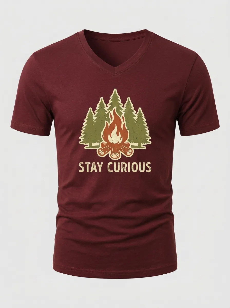 Men's Camping Lover Stay Curious Campfire Pine Tree Printed V-Neck T-Shirt