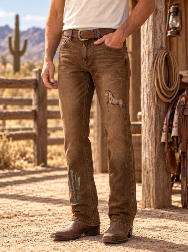 Men's Vintage Inspired Western Cowboy Horse Cactus Jeans