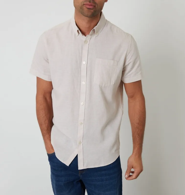 Light Stone Short-Sleeve Linen-Blend Shirt