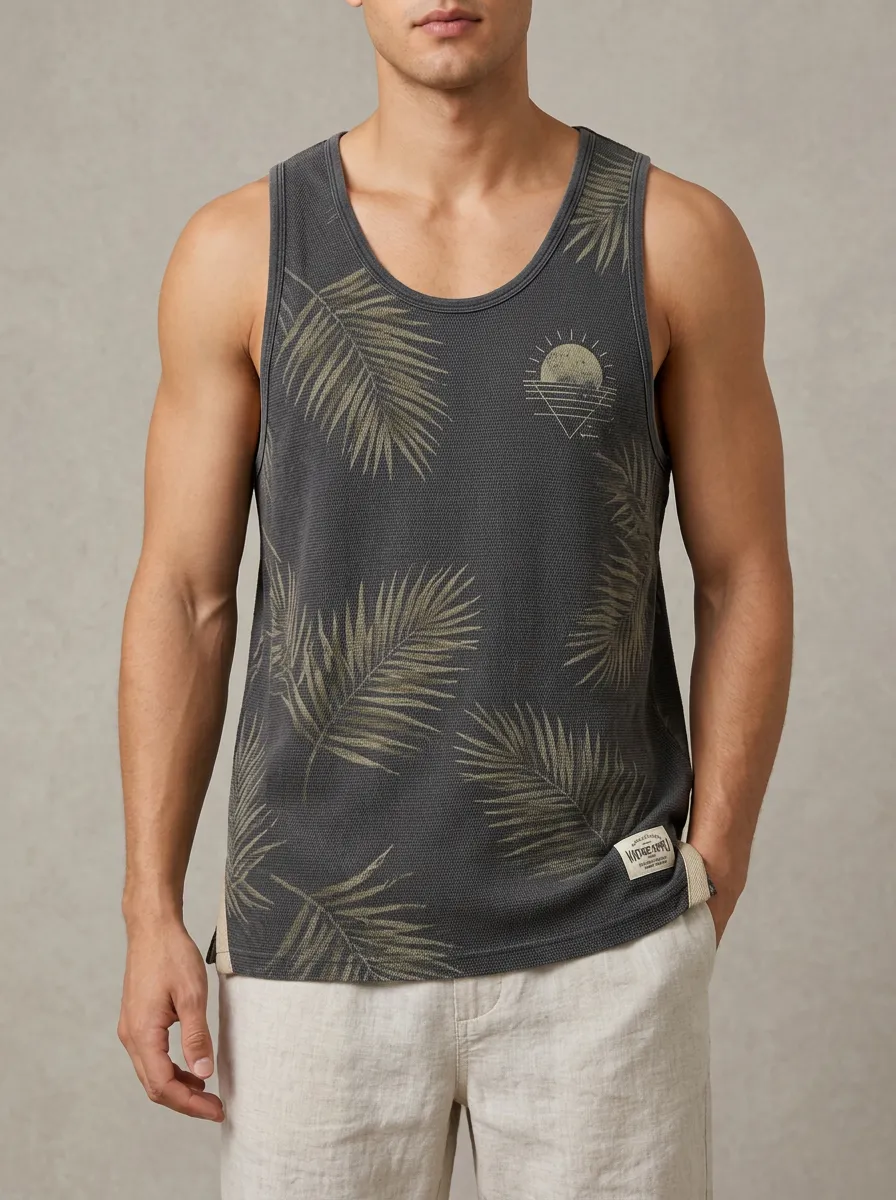 Men's Tropical Summer Sunset Palm Leaf Printed Tank Top