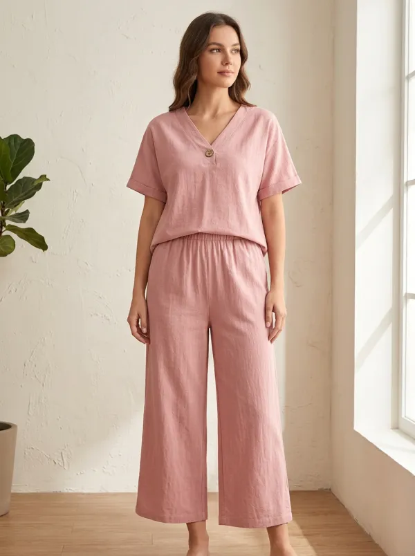 Button-Front Linen-Blend Women's V-Neck Shirt