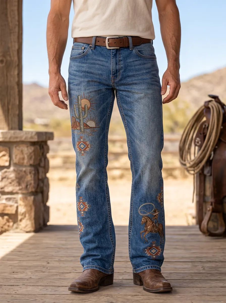 Men's Prairie Inspired Western Cowboy Horse Cactus Jeans