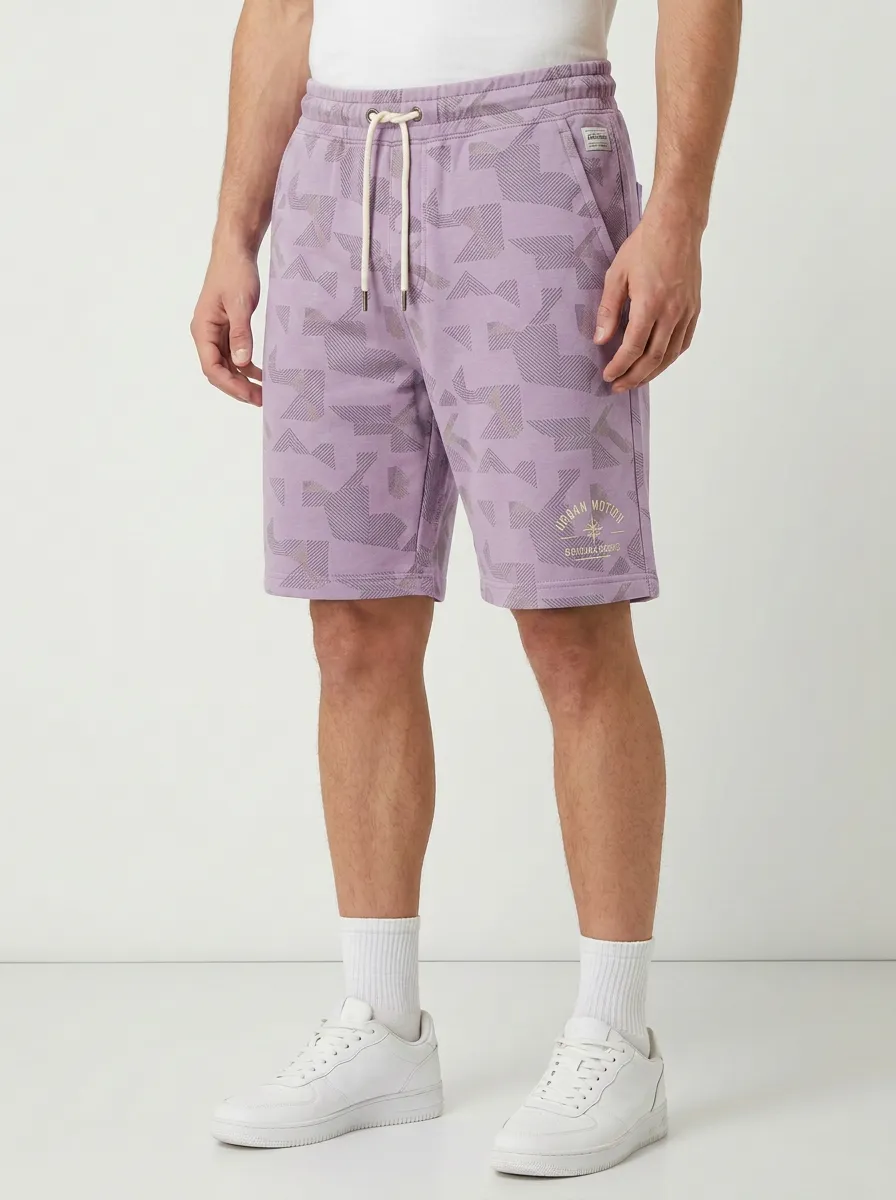 Men's Geometric Drawstring Elastic-Waist Relaxed-Fit Printed Sweat Shorts